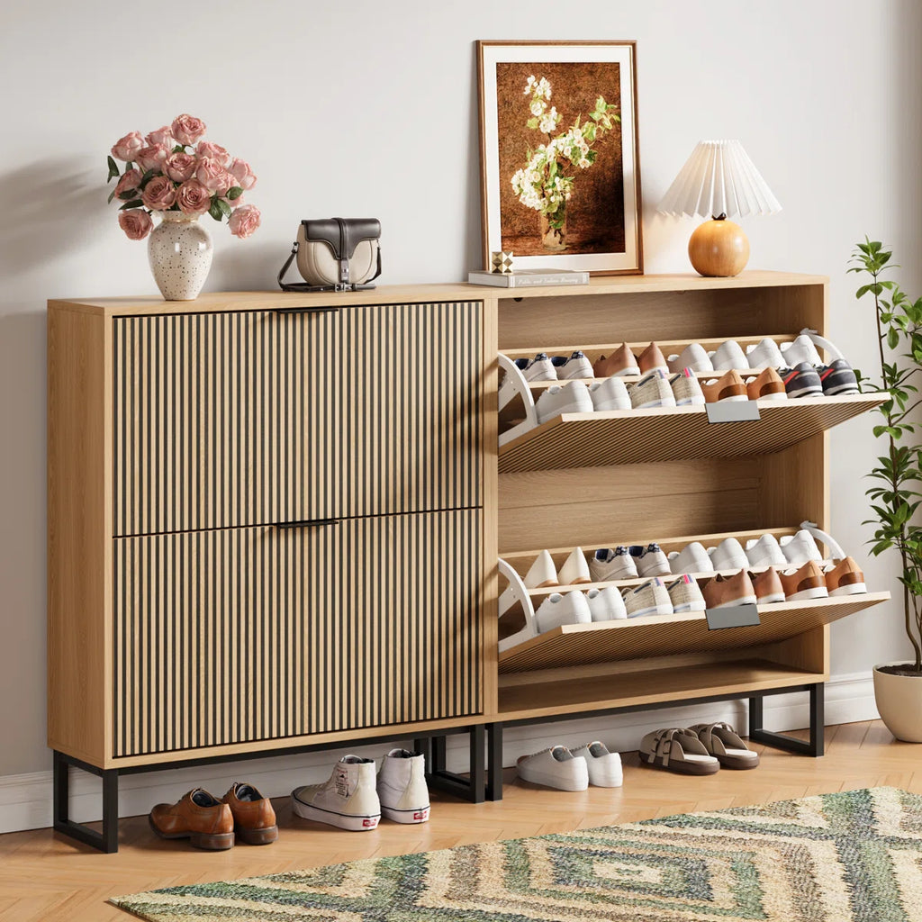 63" W 32 Pair Shoe Storage Cabinet with 4 Drawers and Adjustable Shelves,Freestanding Organizer for Dorms & Entryways, Easy Assembly