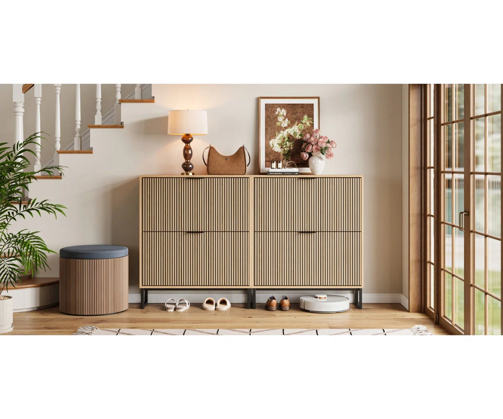 63" W 32 Pair Shoe Storage Cabinet with 4 Drawers and Adjustable Shelves,Freestanding Organizer for Dorms & Entryways, Easy Assembly