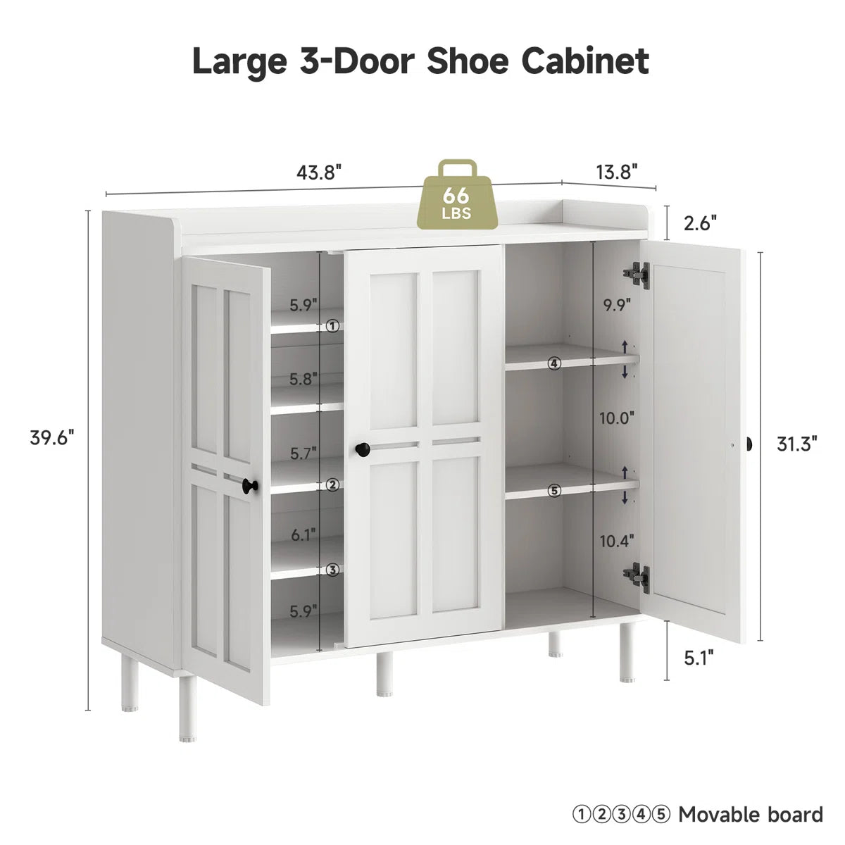 5-Tier 30 Pairs Shoe Cabinet With 3 Doors And Adjustable Shelves For Entryway